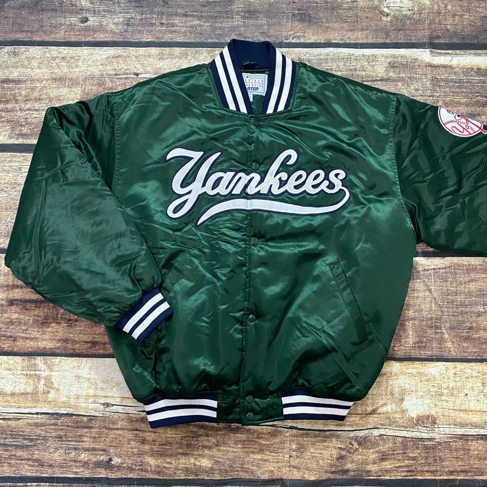 Vintage New York Yankees STARTER Jacket XL MLB Baseball Satin Bomber Coat Green